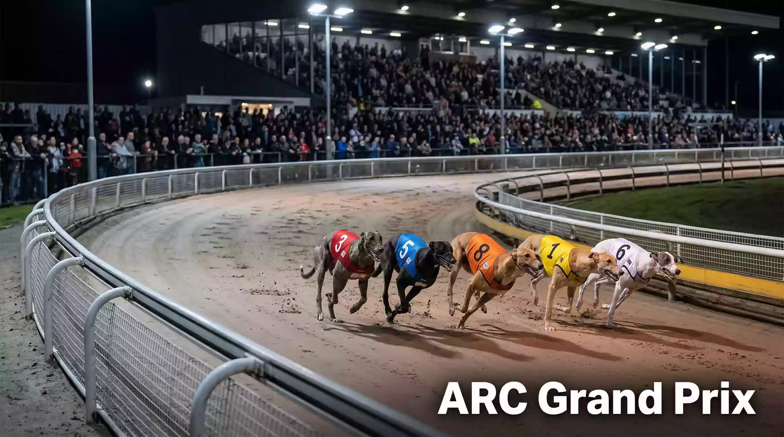 Greyhounds rounding the bend at Sunderland stadium during the ARC Grand Prix