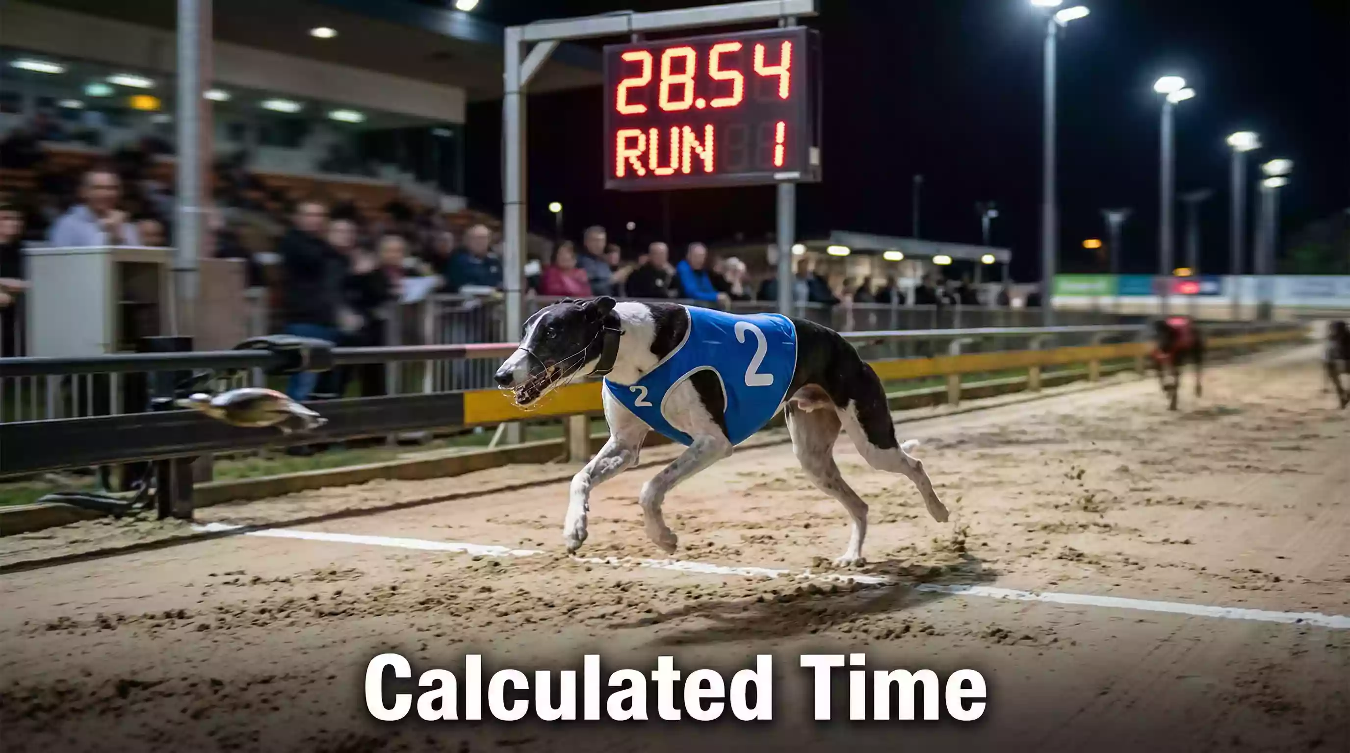 Greyhound crossing the finish line with an electronic timing display overhead