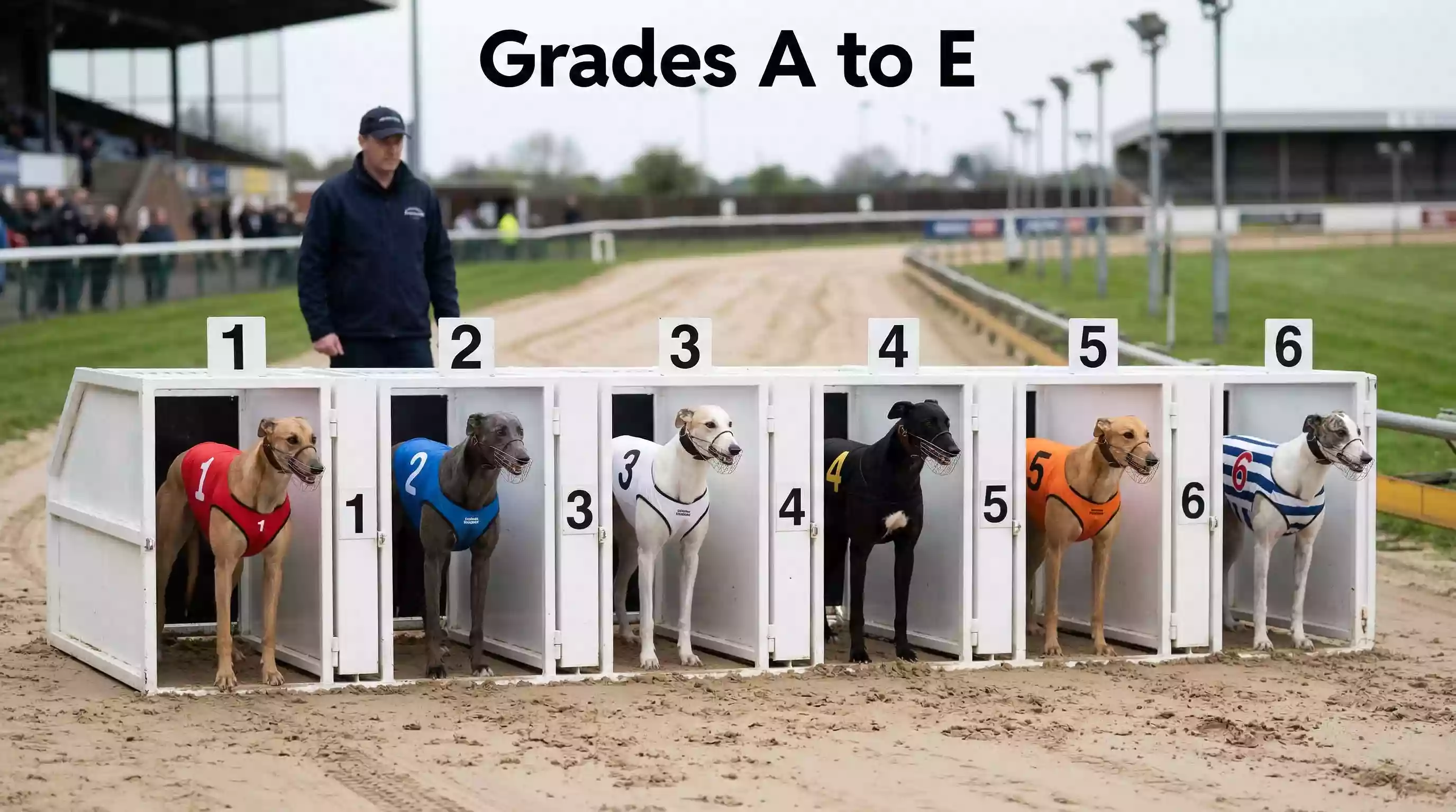 Six greyhounds wearing numbered racing jackets lined up in starting traps