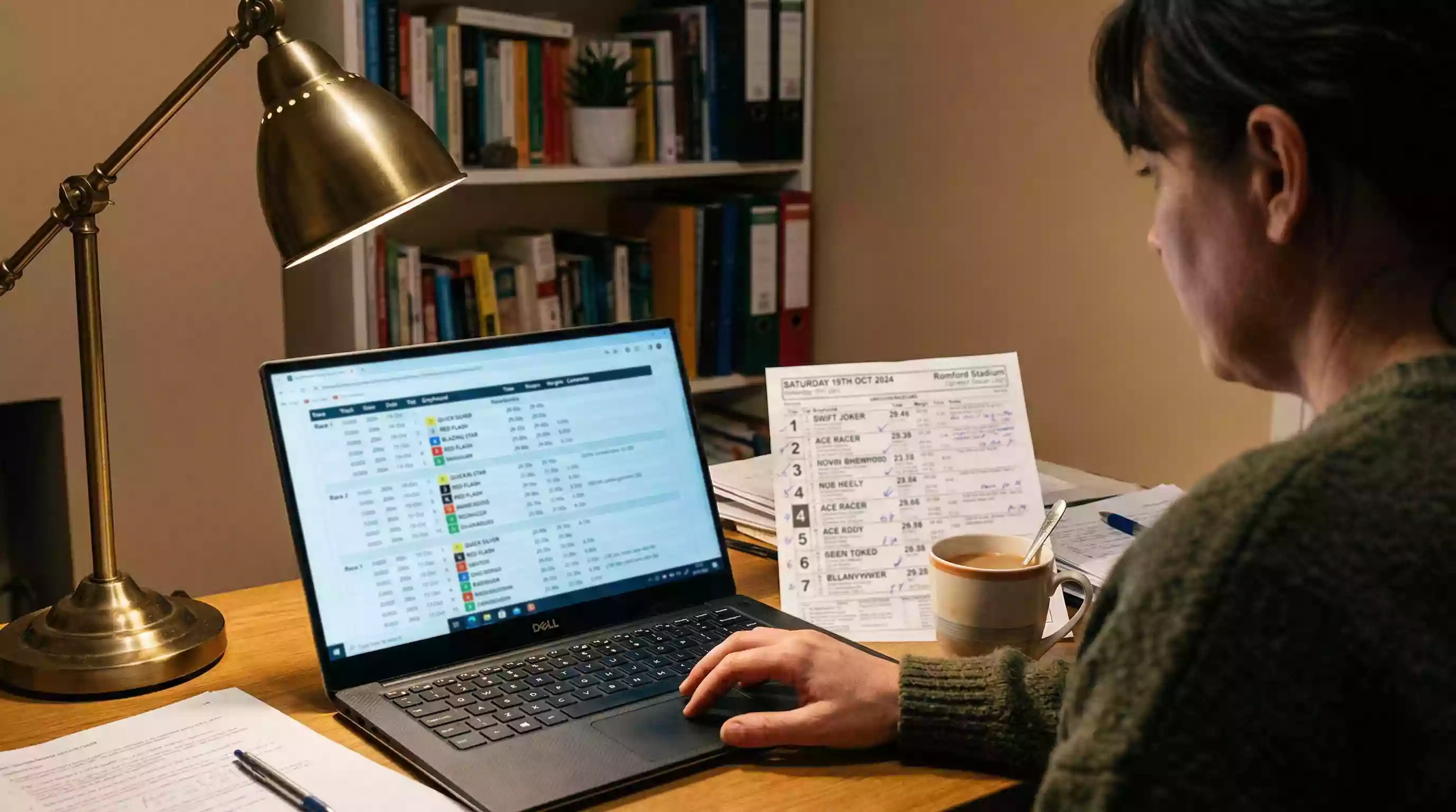 Person reviewing greyhound racecard results and form data on a laptop screen