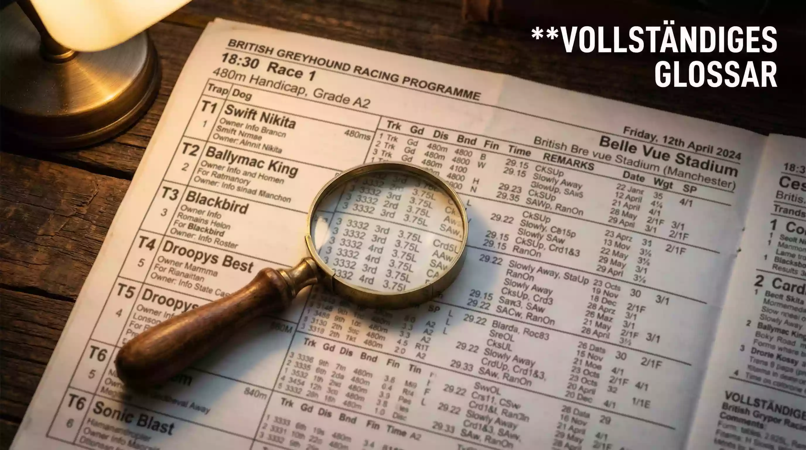 Printed greyhound racecard showing in-running abbreviations and form figures