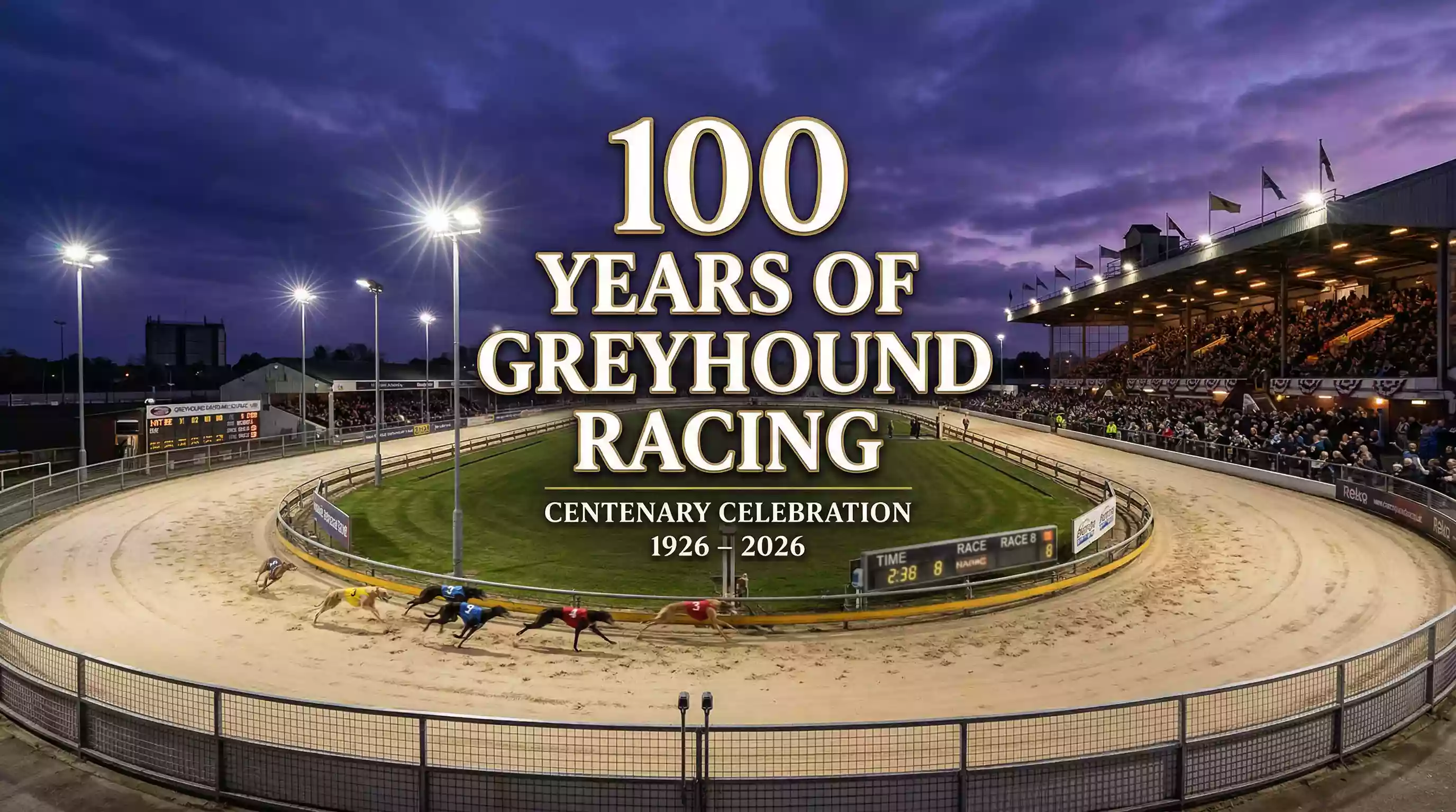 Greyhound racing track at twilight with the text 100 Years of Greyhound Racing