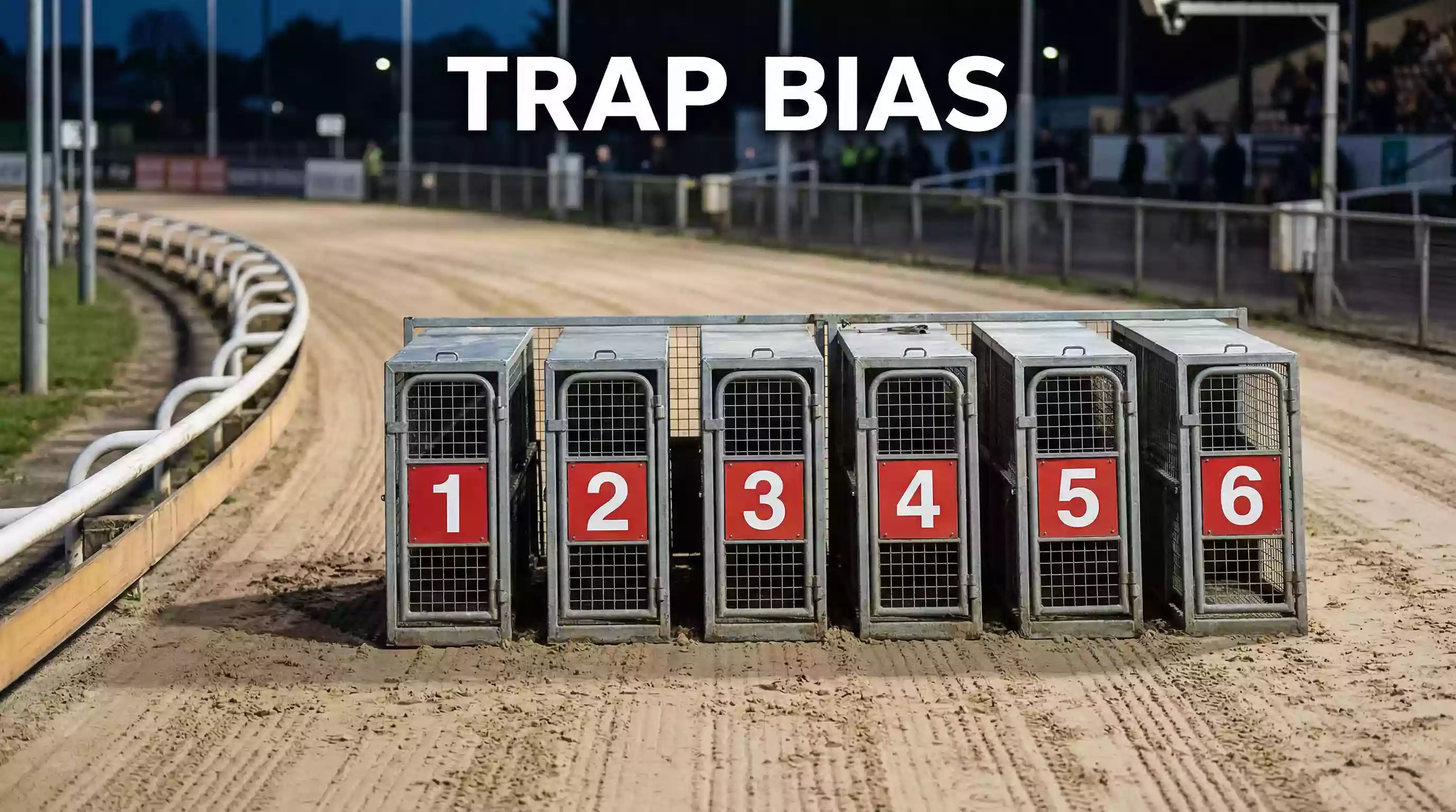 Six greyhound starting traps numbered one to six on a sand track
