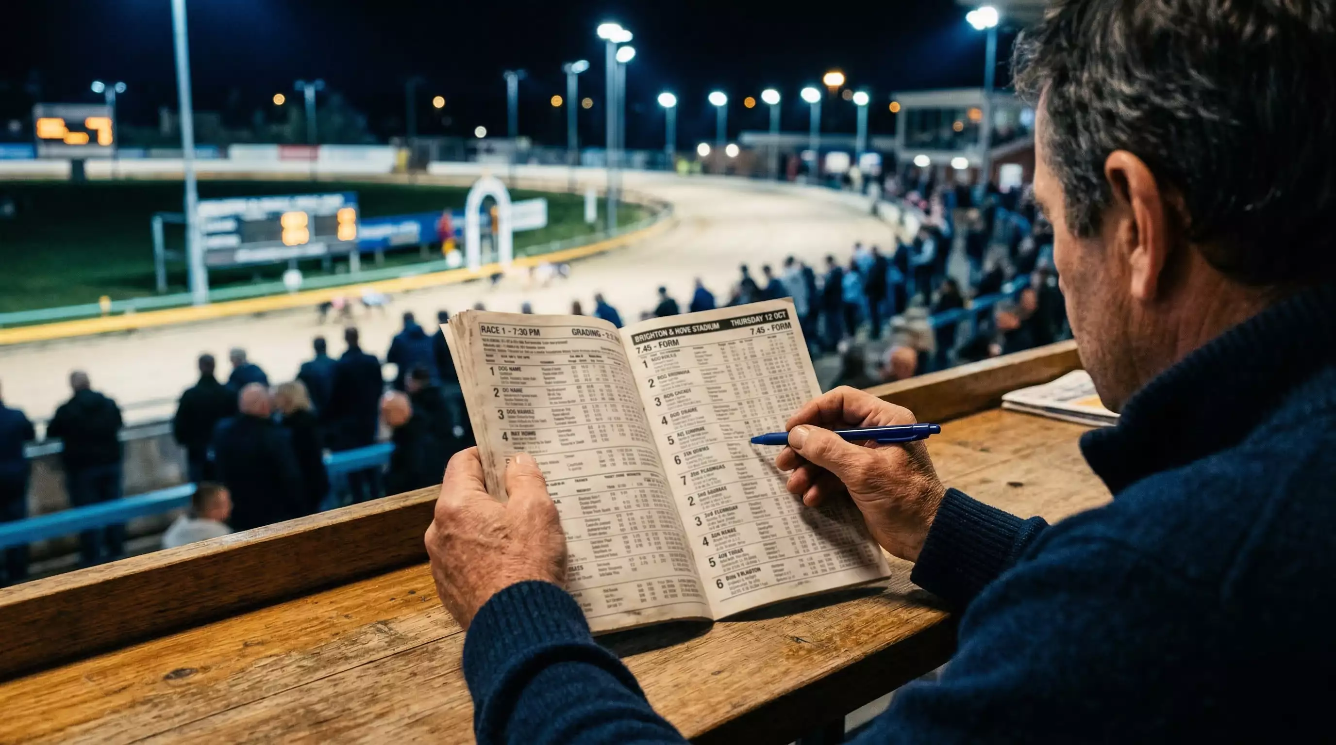 Person holding a printed greyhound racecard programme at a UK stadium