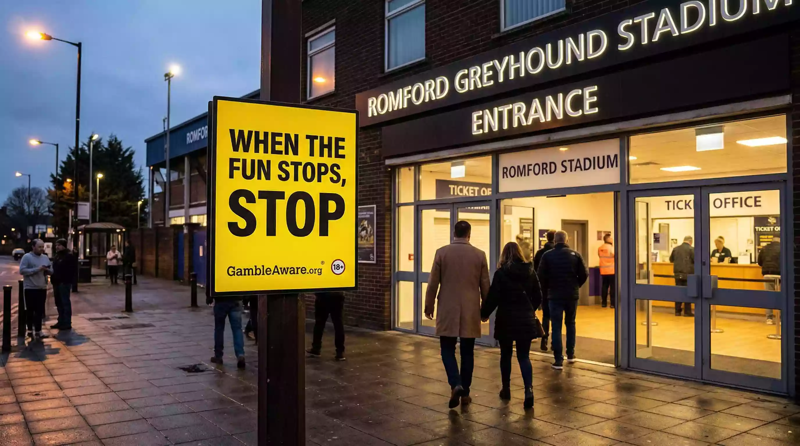 When the fun stops stop sign at a UK greyhound racing stadium entrance