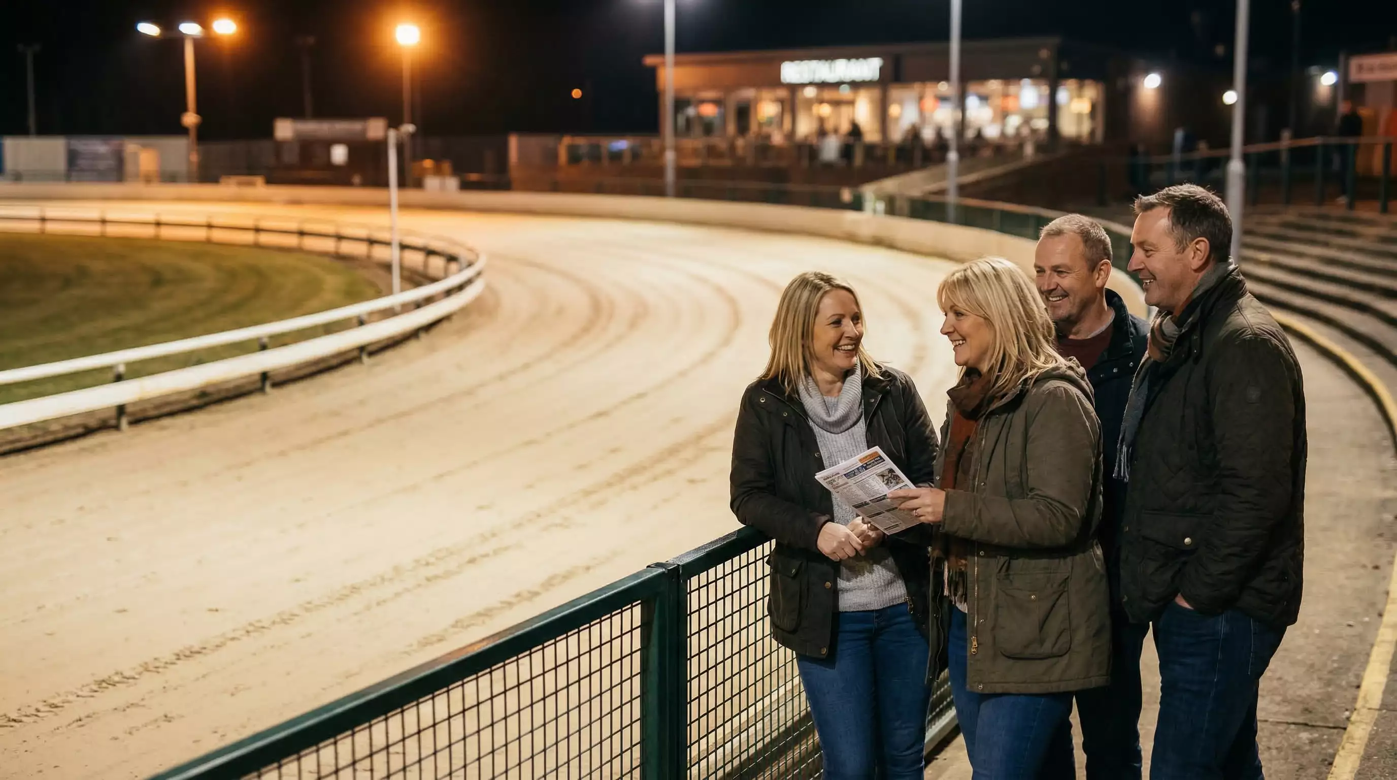 Group of friends enjoying an evening at Sunderland greyhound stadium trackside