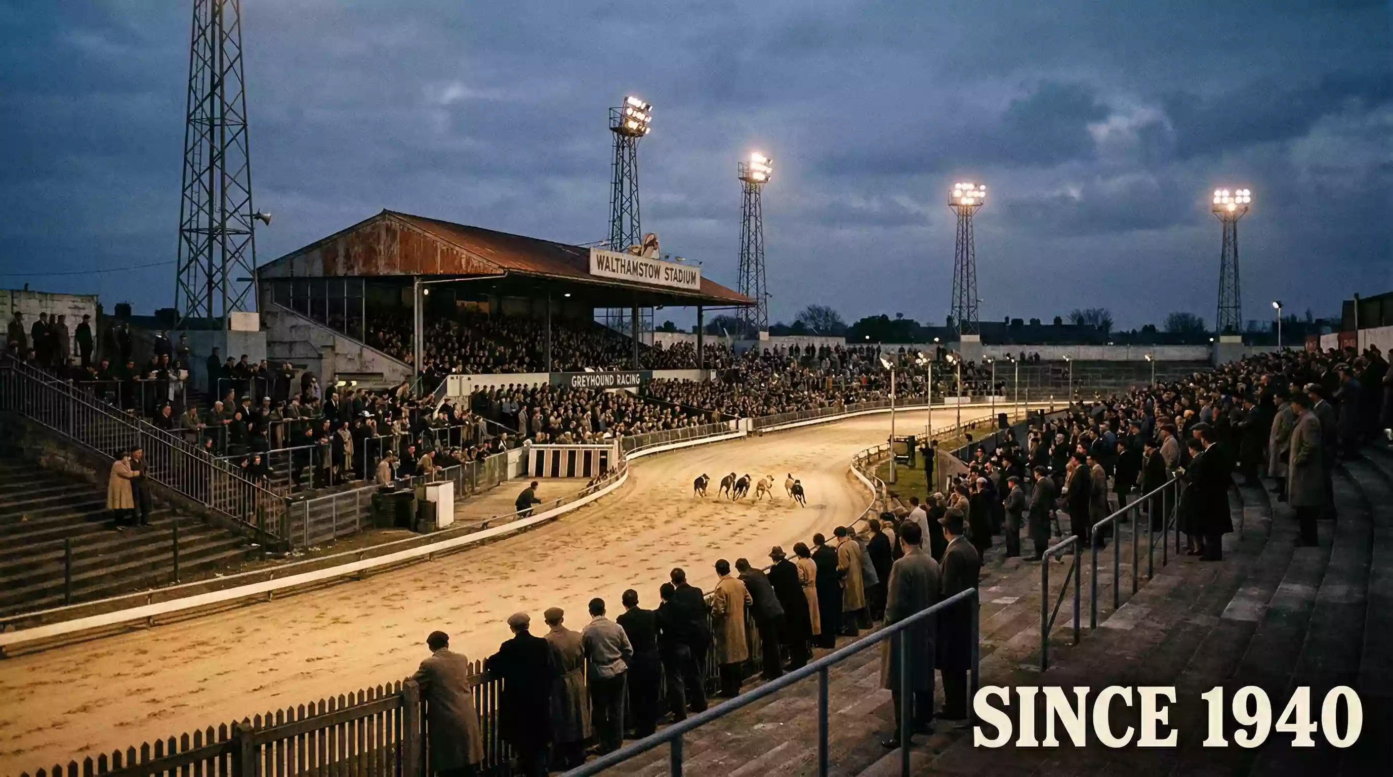 Vintage-style view of a greyhound racing stadium with floodlights at twilight