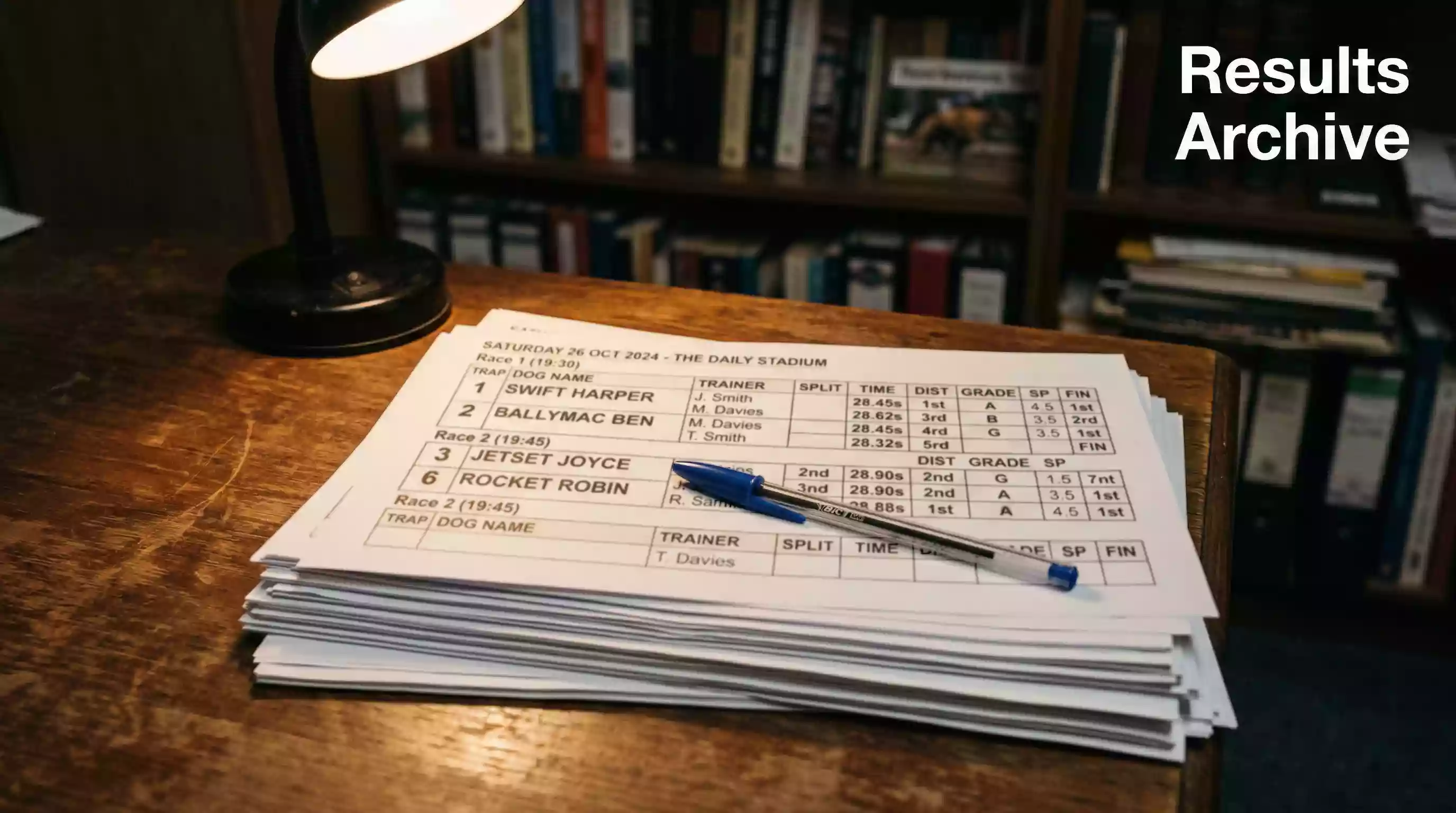 Stack of printed greyhound result sheets on a desk with a pen