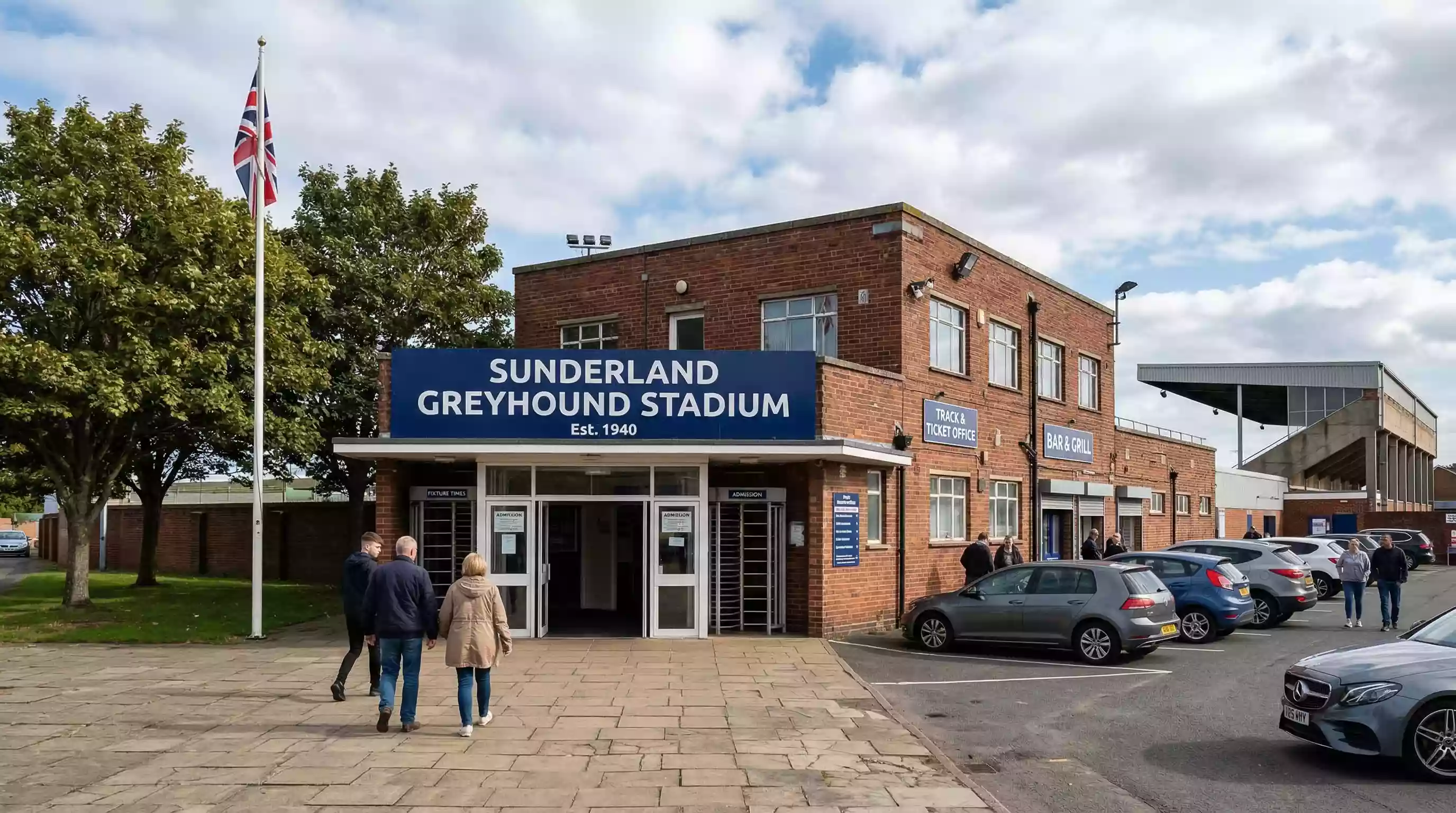 Exterior entrance of Sunderland greyhound stadium showing the venue that has operated since 1940