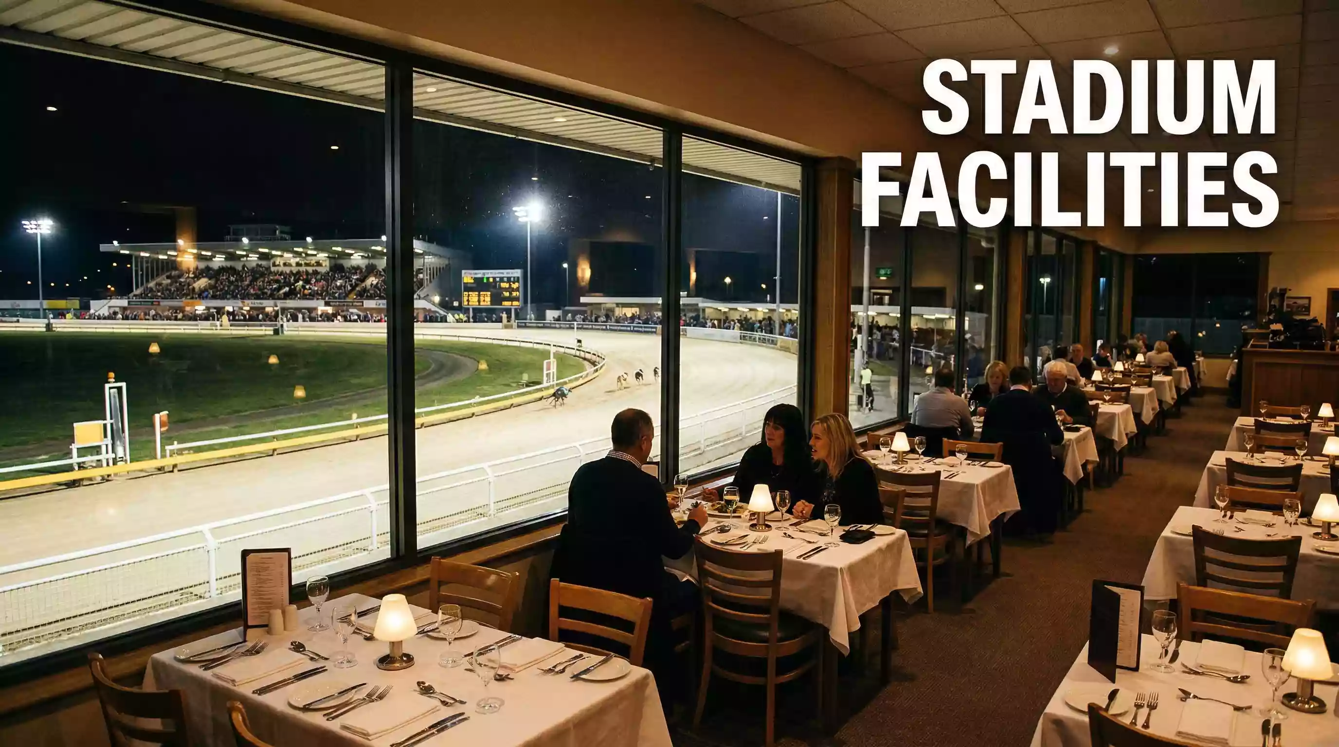 Interior of Sunderland greyhound stadium restaurant with trackside view through windows