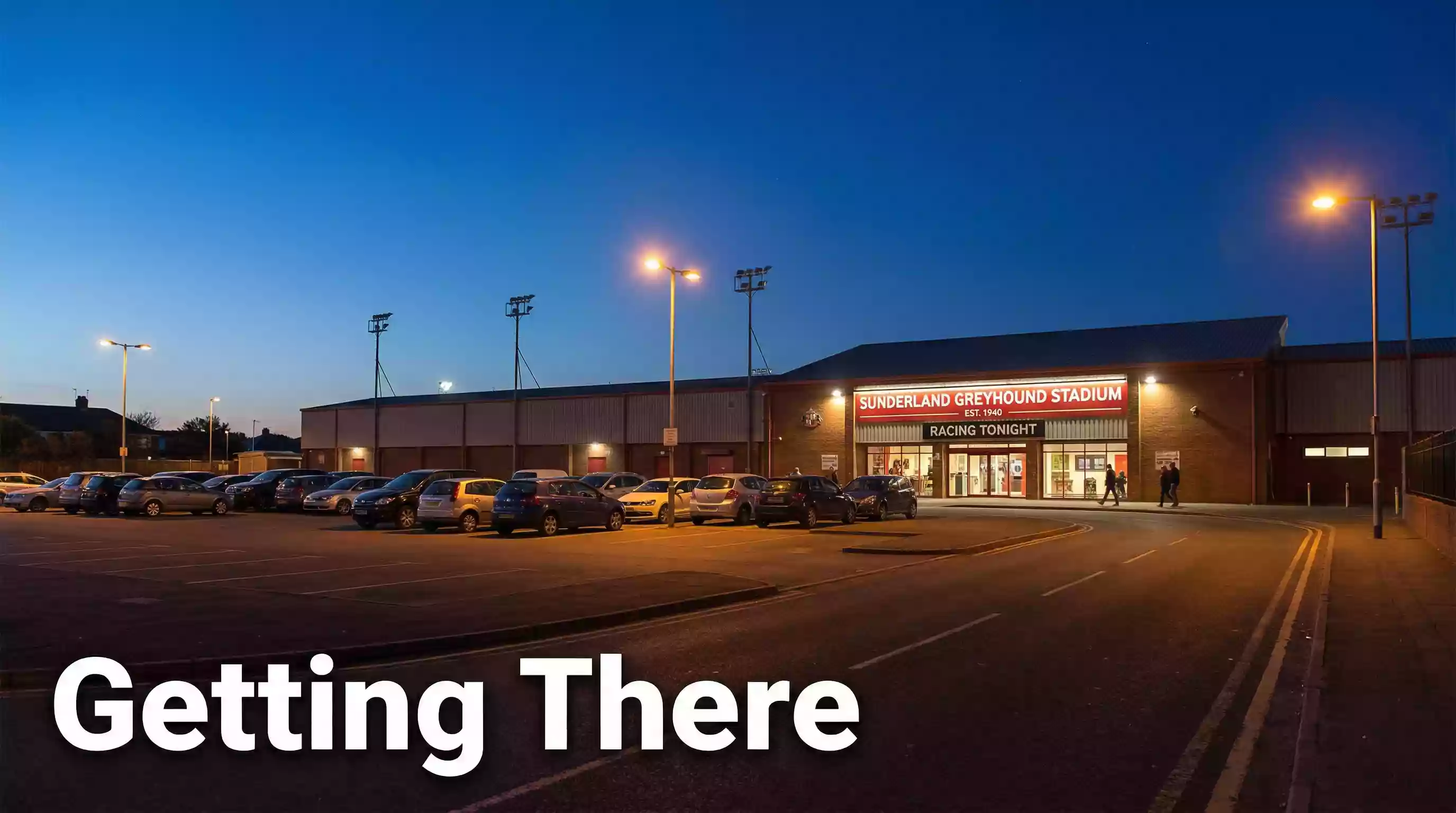 Sunderland greyhound stadium entrance and car park at dusk