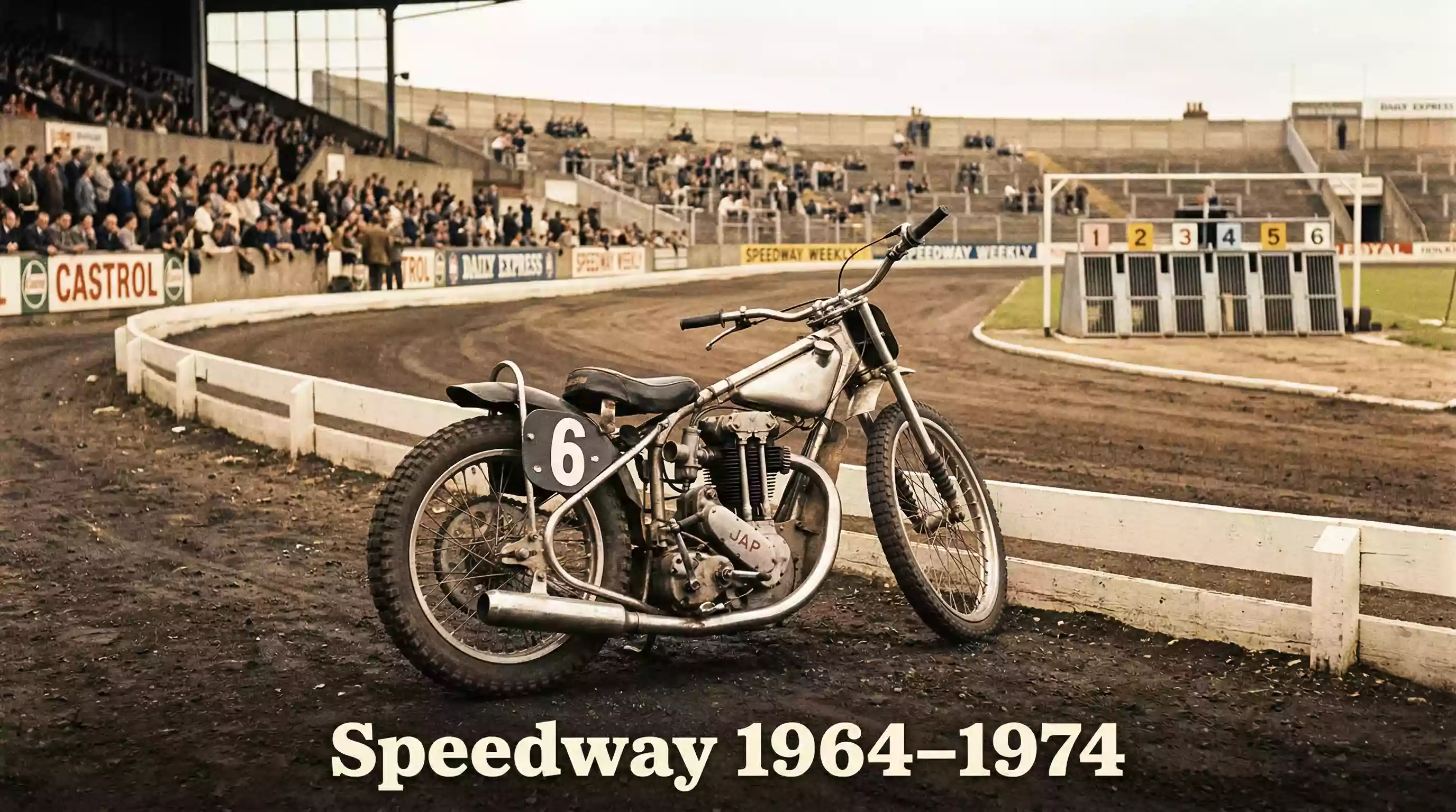 Vintage speedway motorcycle on a stadium track with greyhound racing stands in the background