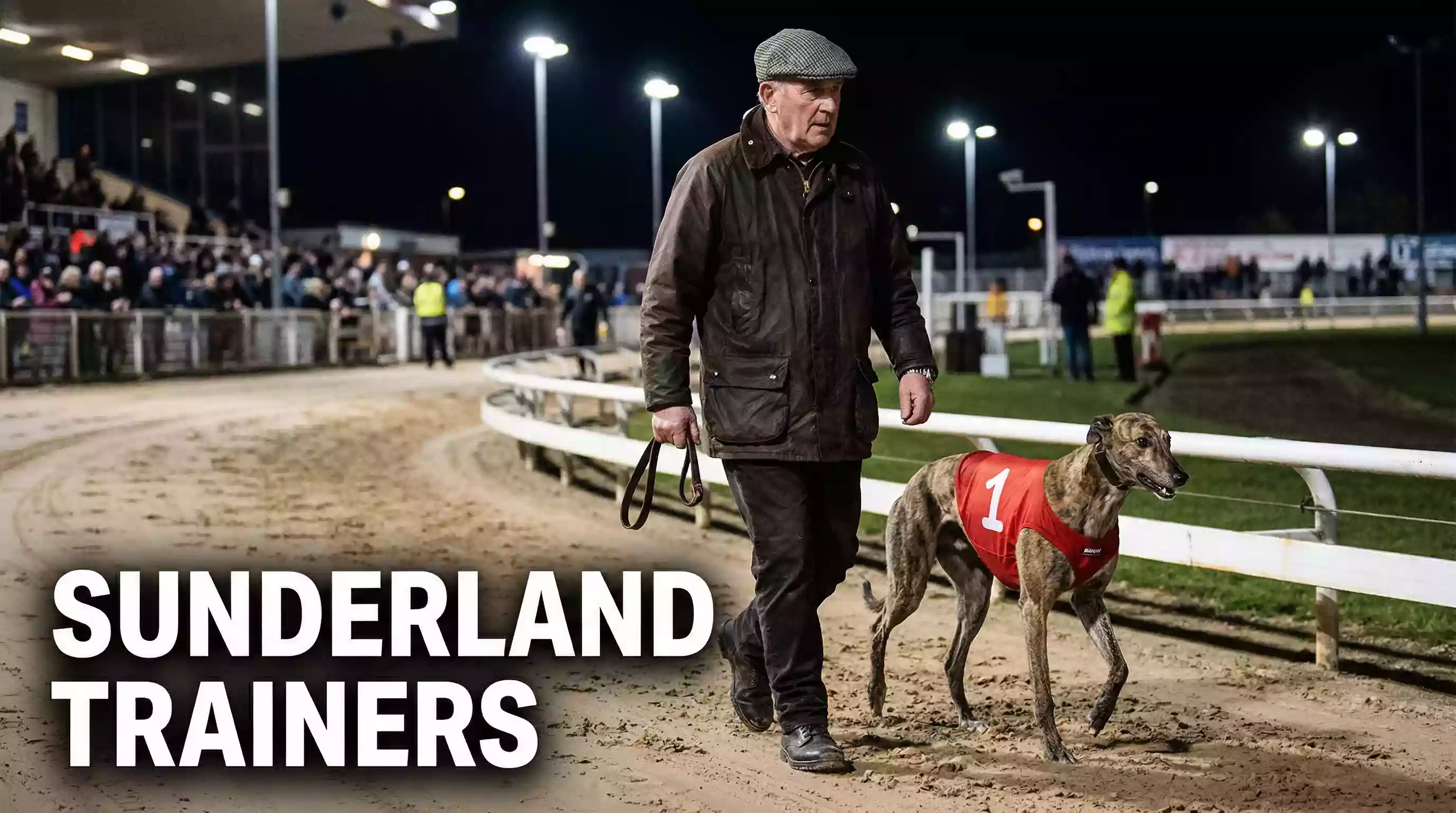 Greyhound trainer leading a racing dog in a jacket along the track at Sunderland