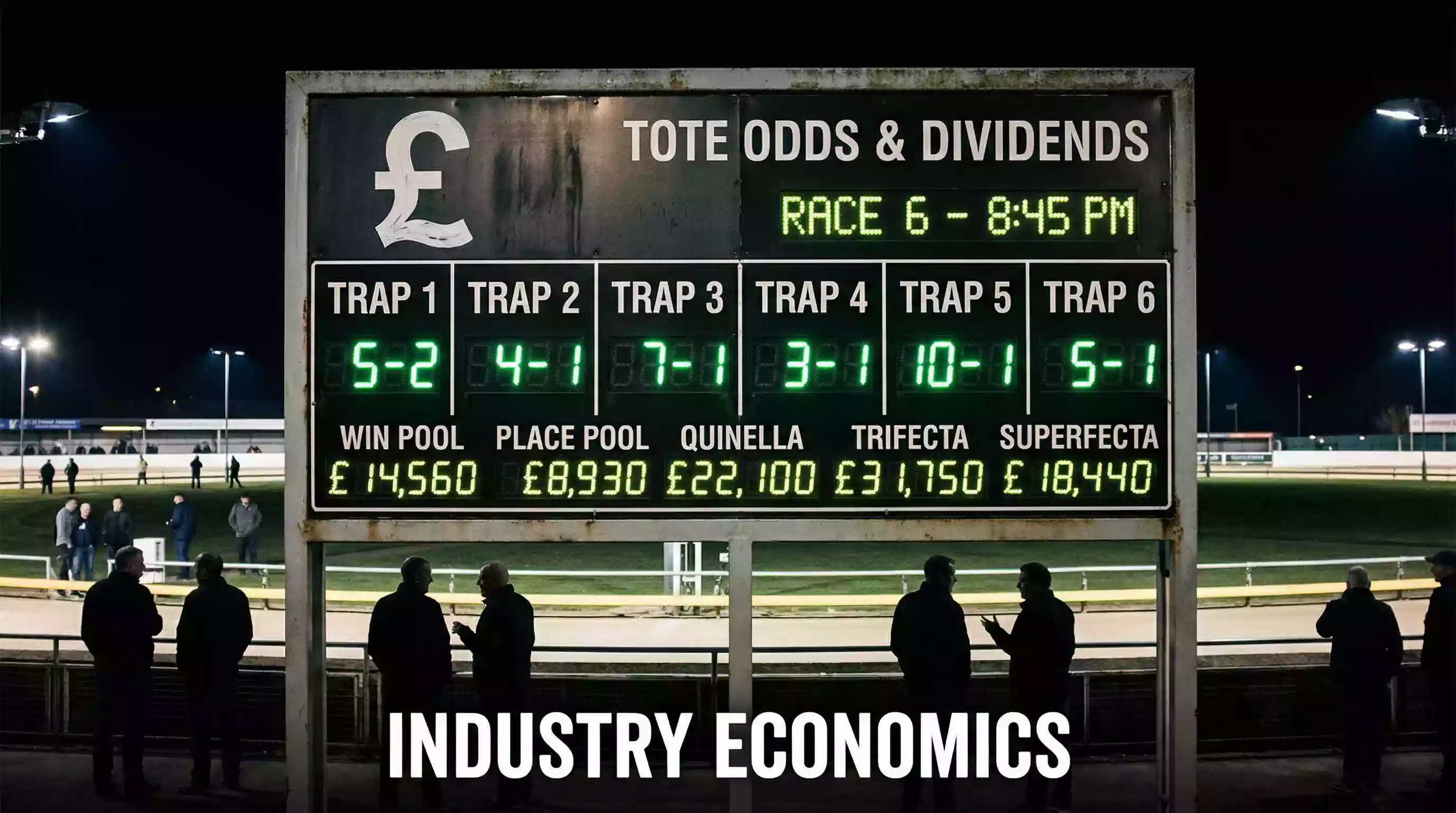 Tote board at a greyhound stadium displaying odds with a £ symbol